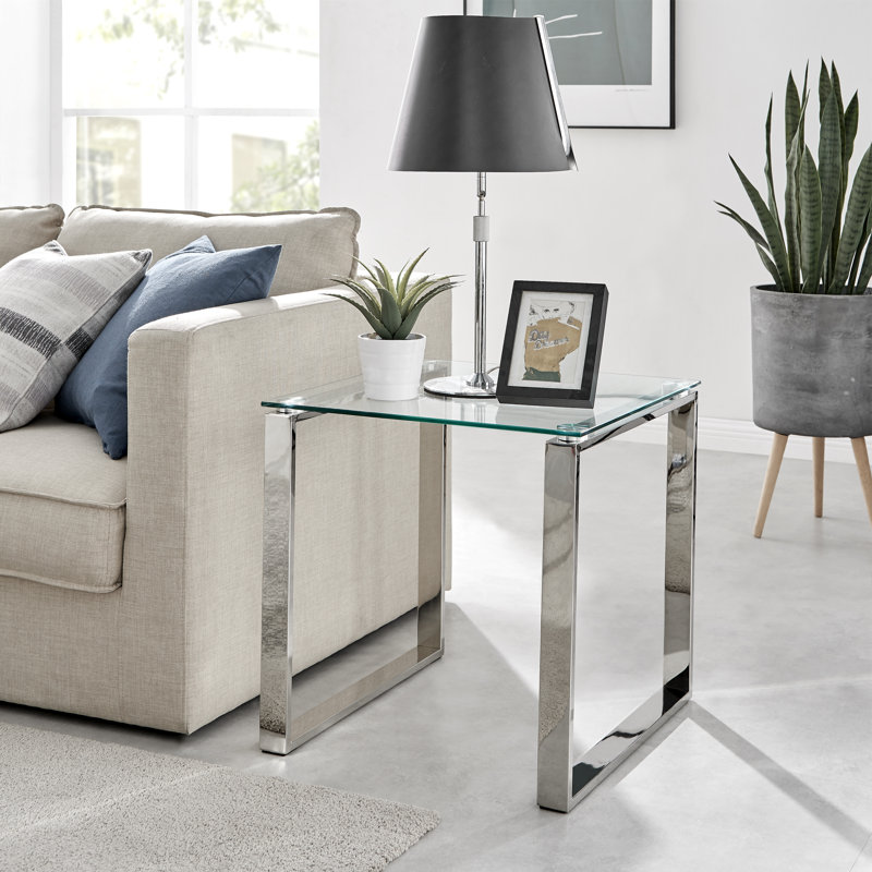 Eugenia Modern Sleek Sled Design Chrome Metal and Glass End Table